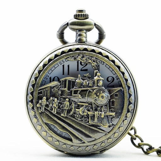 Hollow Train Pocket Watch Necklace Pendant Chain Vintage Quartz Pocket Watch