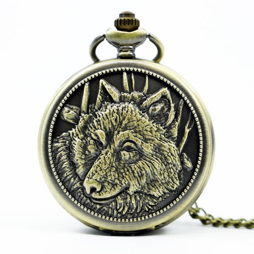 Bronze Animal Dog Wolf Head Pattern Antique Quartz Pocket Watch