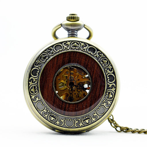 Antique Steampunk Wood&Bronze Roman Number Pendant Chain Automatic Mechanical Pocket Watch