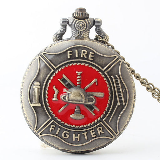 Red Fire Fighter Pocket Watch Vintage Bronze White Dial Quartz